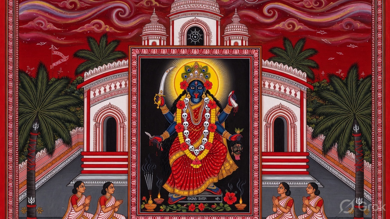 Temple under crimson sky